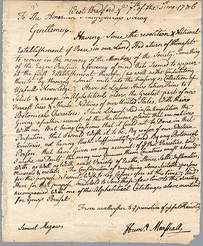 Humphry Marshall letter to the American Philosophical Society
