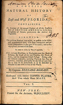 Title page of Bernard Romans' Natural History of Florida, 1775