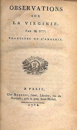 Title page of Barrois edition of Observations sur la Virginie