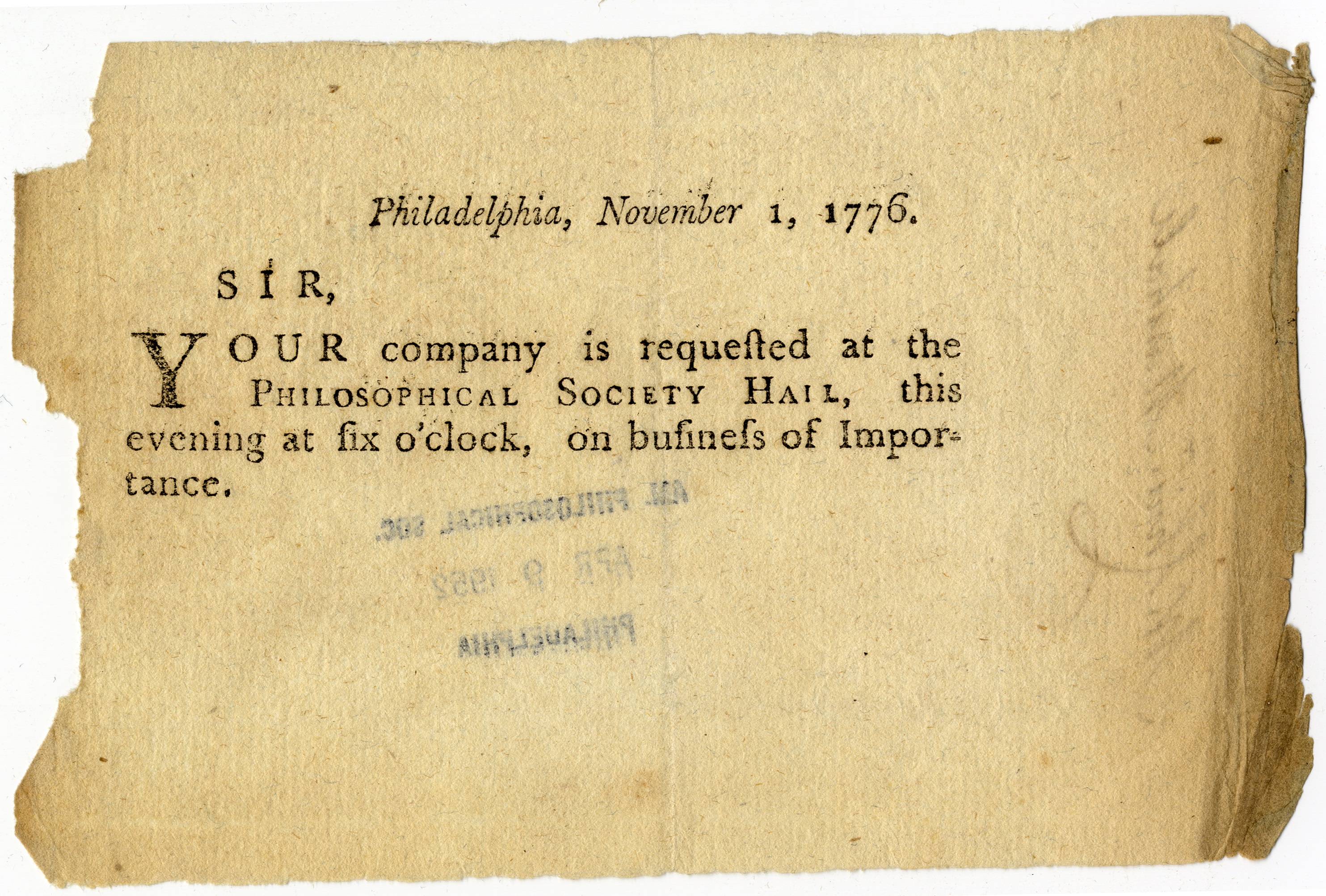 Invitation to APS meeting from 1776