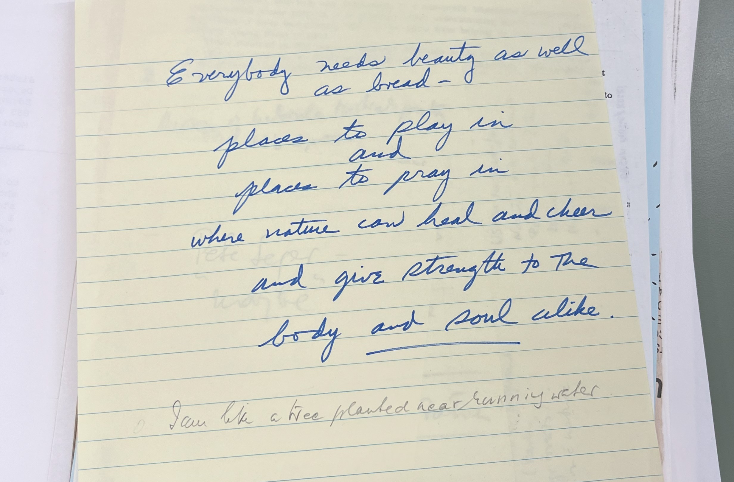 handwritten note in blue ink on lined paper: "Everybody needs beauty as well as bread - laces to play in and places to pray in / where nature can heal and cheer / and give strength to the body and soul alike"