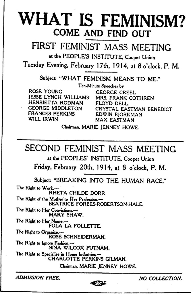 scan of print of meeting ad "What is Feminism?"