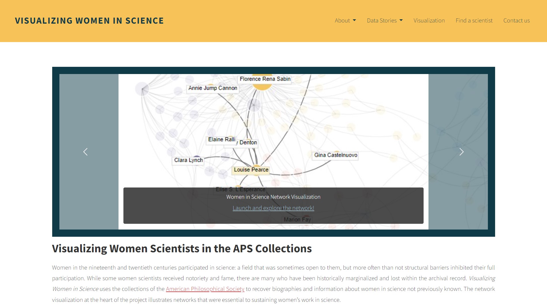 screenshot of the visualizing women in science landing page