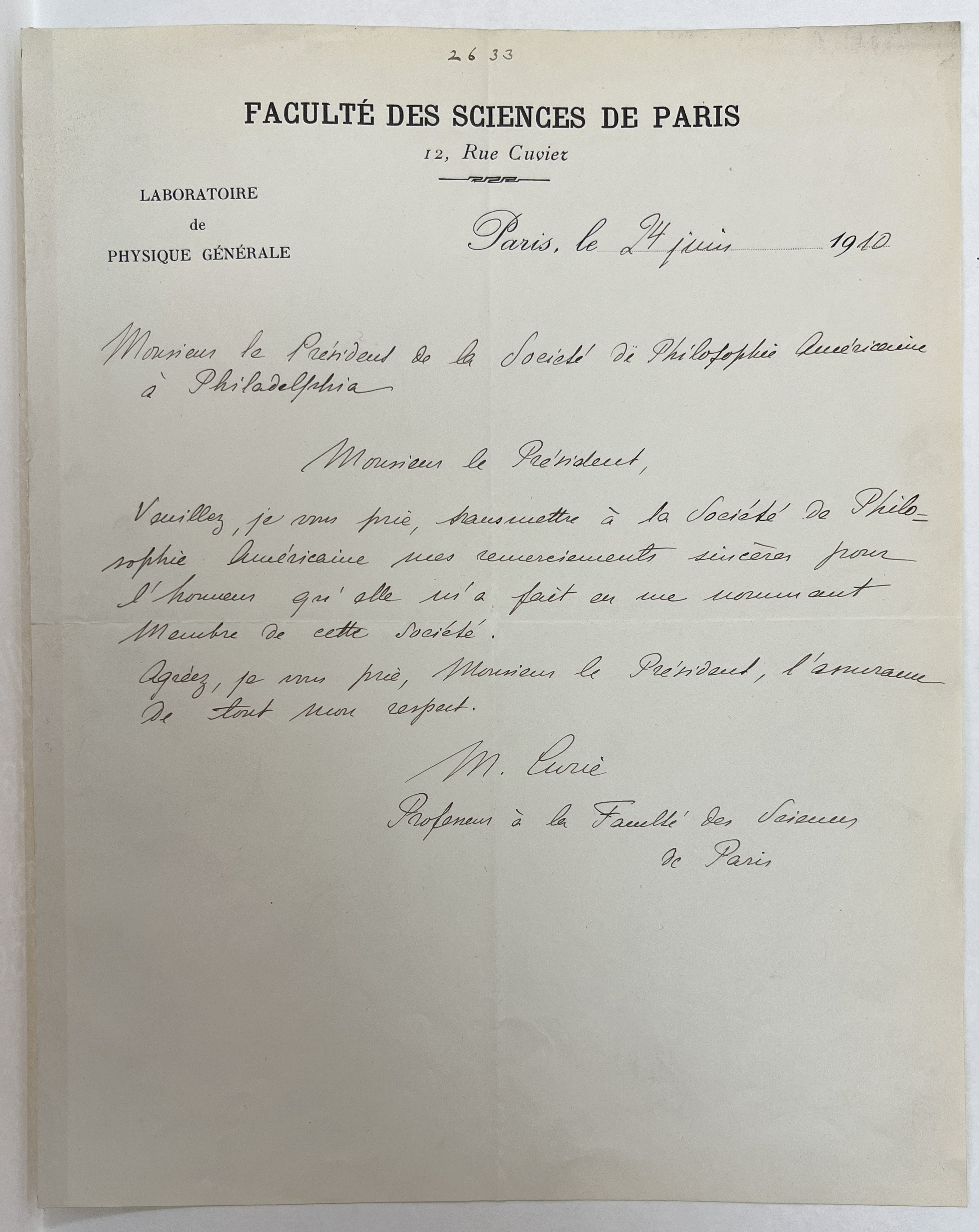 scan of handwritten letter in French