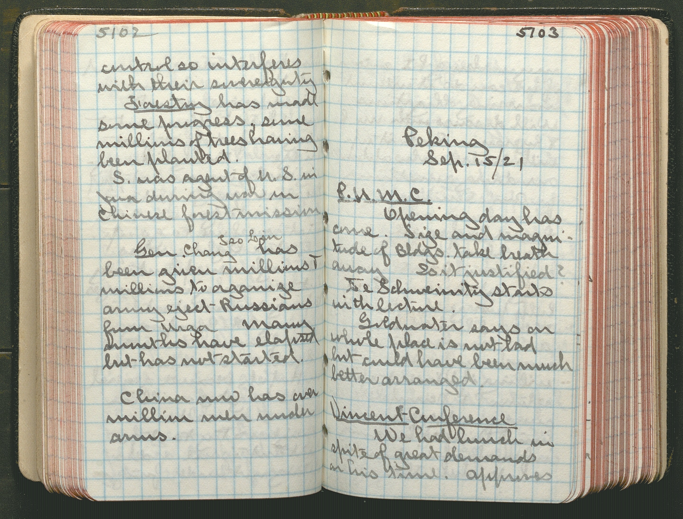 scan of page of diary from Peking, September 15, 1921