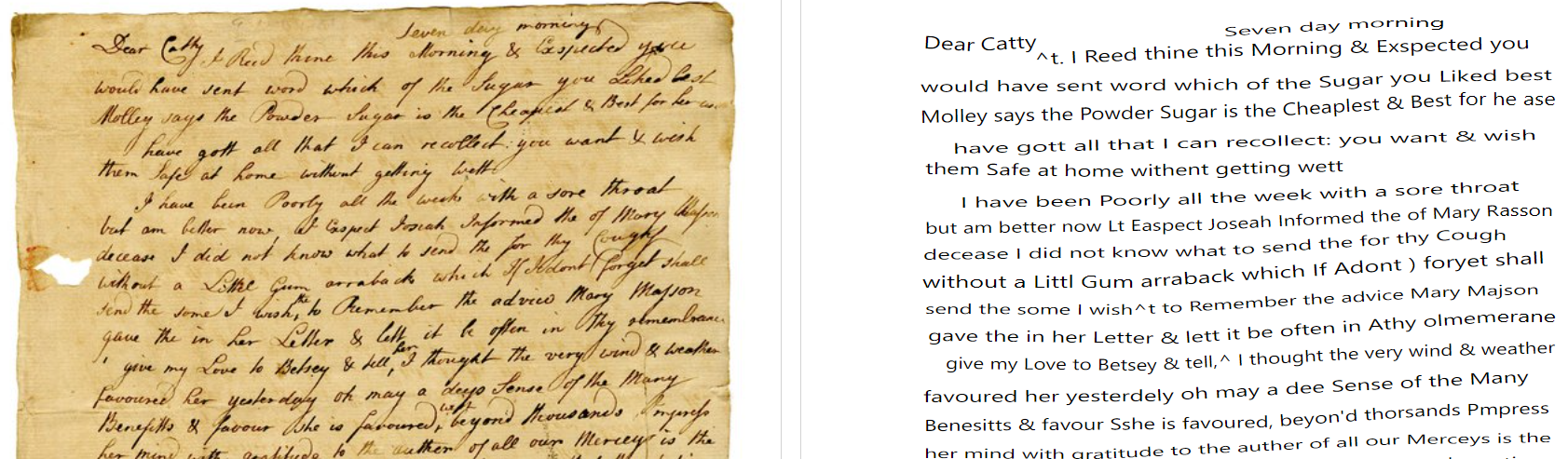 side-by-side image with 18th-century letter on left and transcript on right