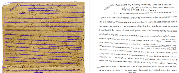 side by side image of 18th-century manuscript on left with transcript on right