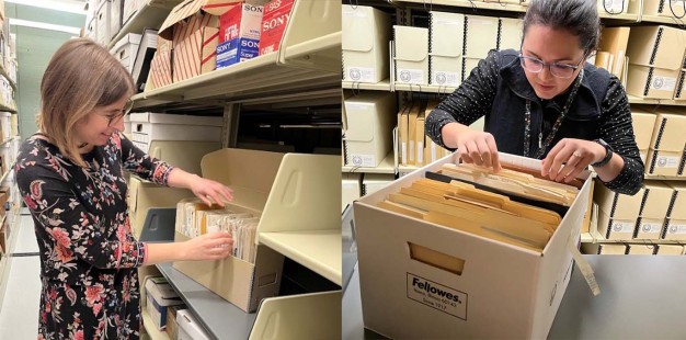 side-by-side photos of Adrianna and Gina in the stacks