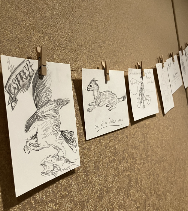 photo of sketches hanging on clothes pins