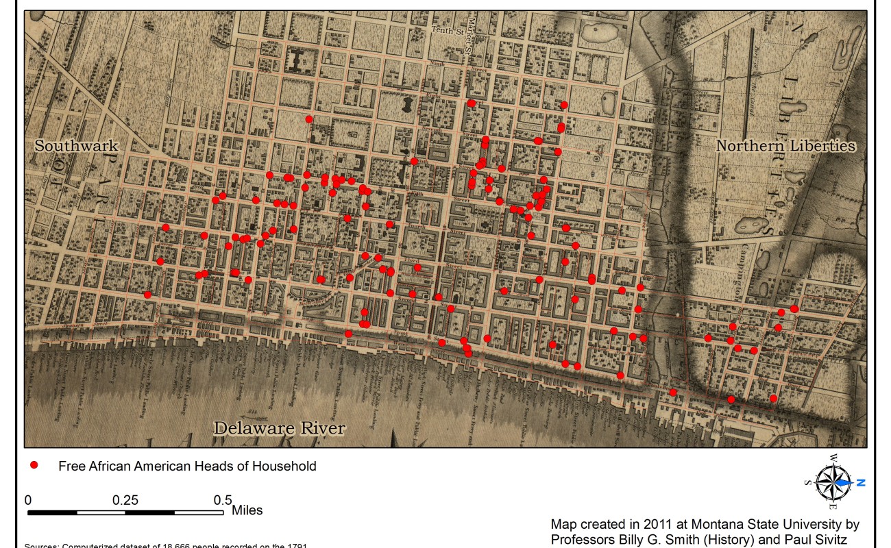 18th century map of Philadelphia with red dots