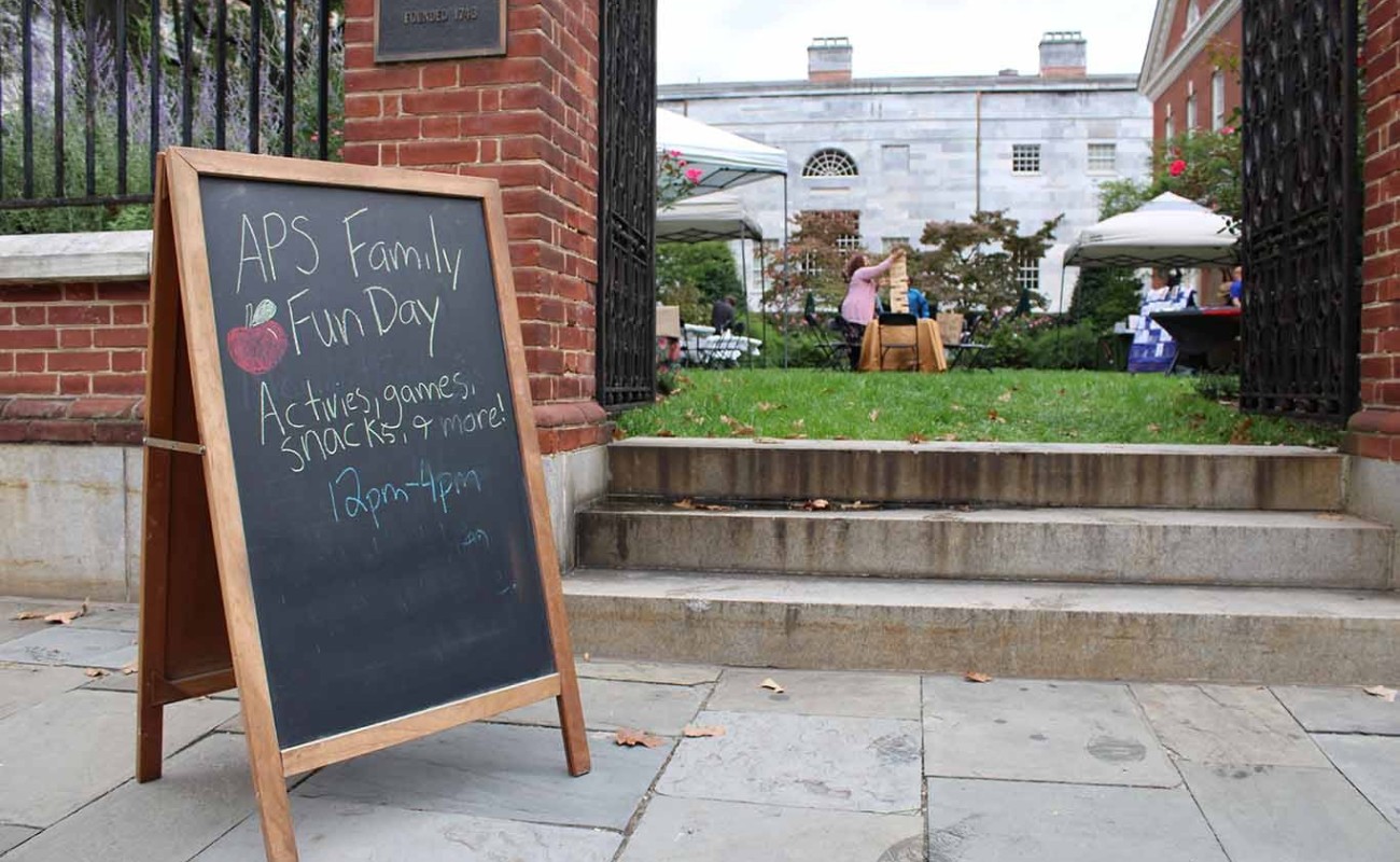 APS Family Fun Day image with view of chalkboard sign and Jefferson Garden 