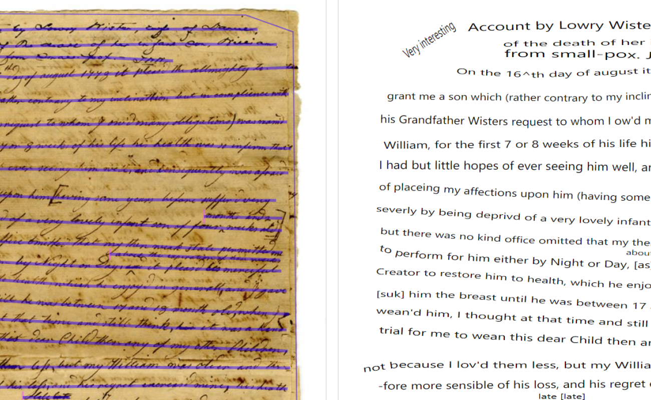 side by side image of 18th-century manuscript on left with transcript on right