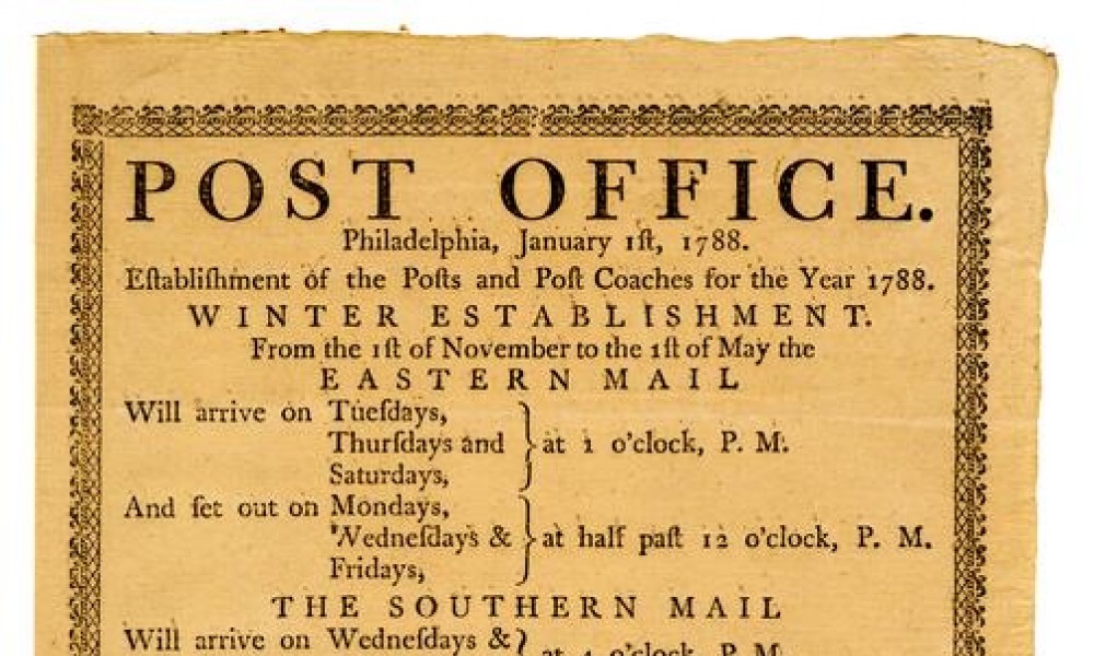 Post office listing and mail delivery times, 18th century