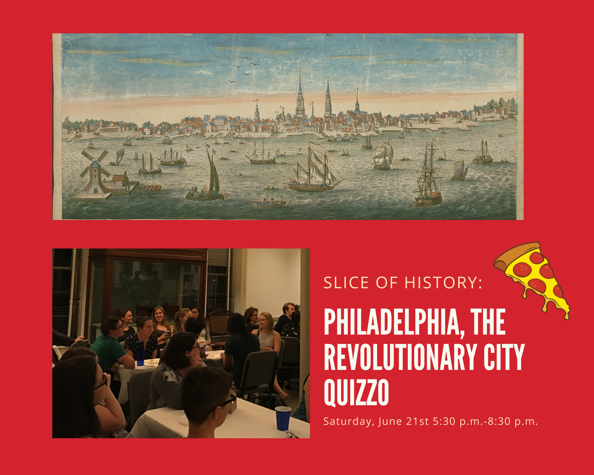 A collage with a picture of people in the Philosophical hall conference room, a view of Philadelphia and the title of the program